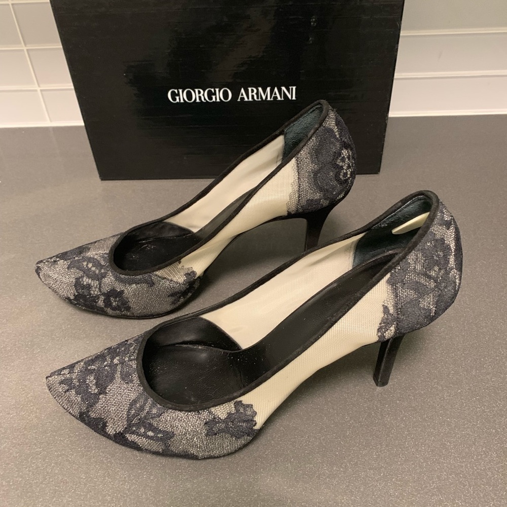 Authentic Giorgio Armani Lace Black Heels Size 38 Mesh is In Style 2024!